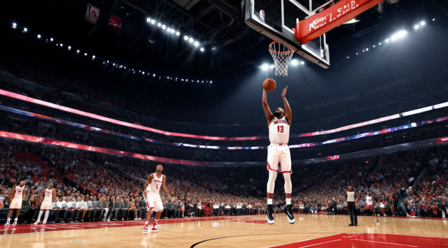 NBA篮球比赛现场球员上篮与场馆灯光的比赛画面