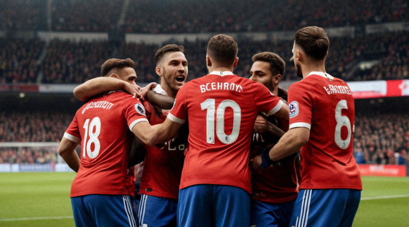 足球比赛中球员进球后与队友拥抱庆祝的场景